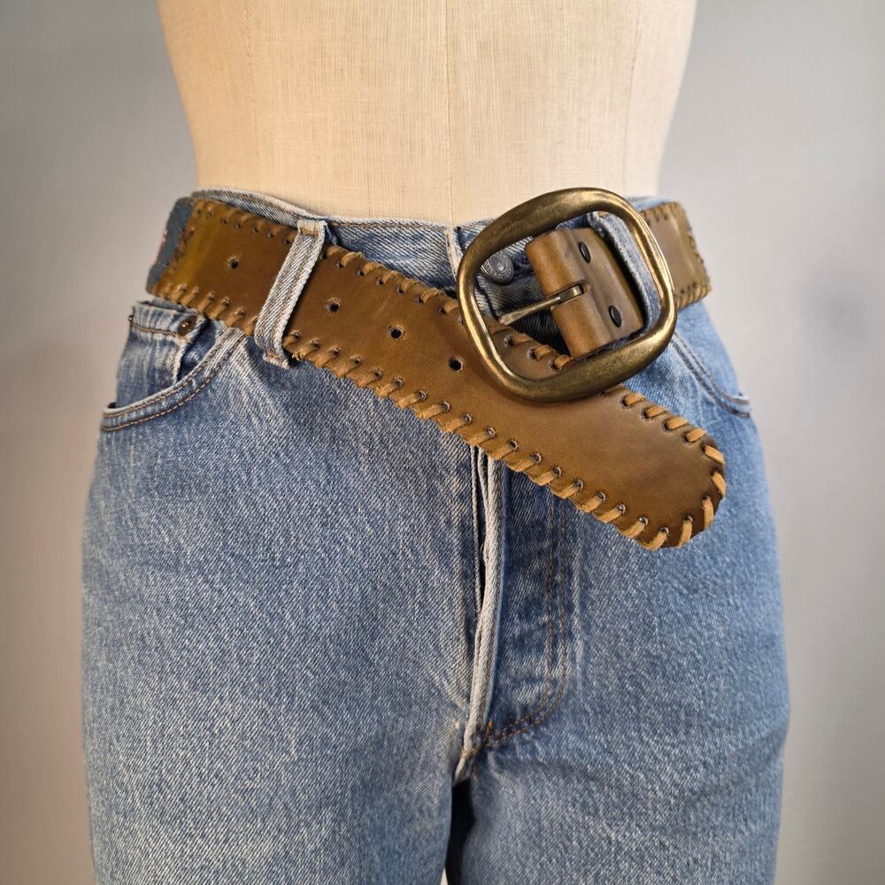 Vintage Denim Leather Belt Whipstitch Floral Embroidered Wide Belt Boho 30 - Picture 2 of 11